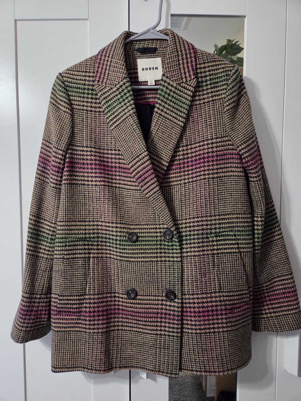Boden Women's Double-Breasted Plaid Coat in Tan with Pink & Green 10